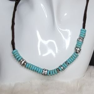 NWT Fossil Brand Semi Precious Turquoise Beads Crystals Leather Suede Necklace